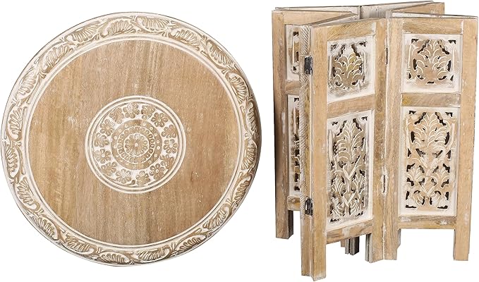 Lightnpro Hand Carved Solid Mango Wood Octagonal Accent Table - 18"×18" White Wash Farmhouse Vintage Home Décor Round End Table for Living Room, Bedroom, Entryway - Rustic Boho Side Table