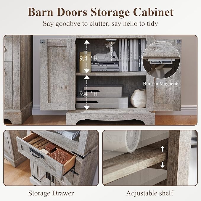 RedLemon Bookshelf with Storage Cabinet, 72" Tall Farmhouse Bookcase with Adjustable Shelves and Barn Door, 4 Tier Office Wood Bookshelf with Drawer for Office Library Living Room (Light Rustic Oak)