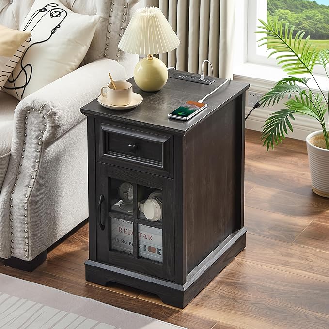 Farmhouse XXL End Table with Charging Station, Side Table with USB Ports and Outlets, Nightstand with Drawer and Glass Door Storage, Grey Bedside Tables for Living Room, Bedroom, Office