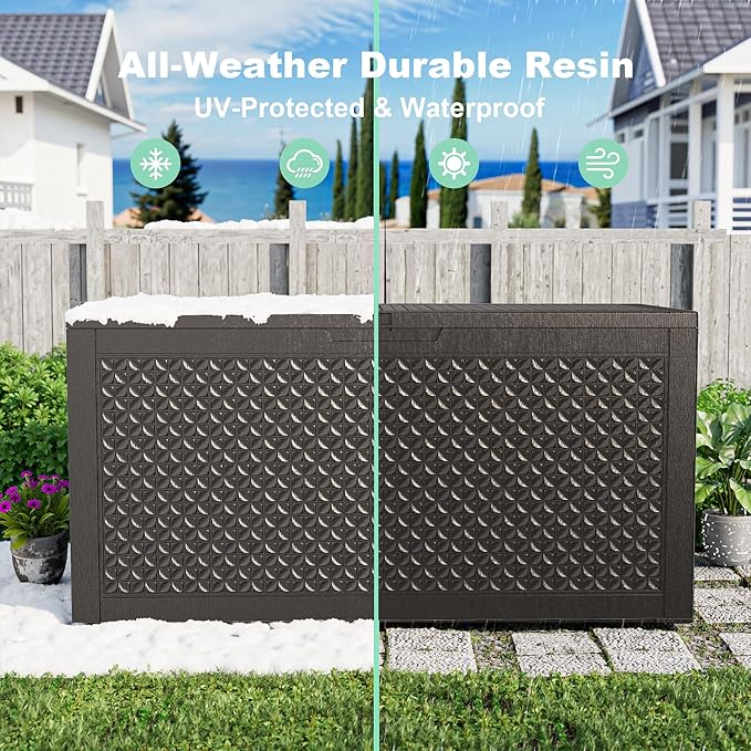 100 Gallon Resin Deck Box, Lockable Outdoor Storage Box for Patio Cushions Storage Furniture,Garden Tools, Pool Supplies, Weatherproof and UV Resistant（Black L）