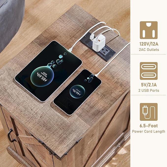 JXQTLINGMU Nightstand with Charging Station, Rectangular Farmhouse End Table with Barn Door and Adjustable Storage Shelf, 17" Deep Wood Rustic Sofa Side Table for Living Room, Bedroom, Light Brown