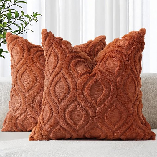 decorUhome Fall Throw Pillow Covers 20x20 Inch Set of 2, Soft Plush Decorative Faux Fur Rust Solid Couch Pillow Covers, Accent Farmhouse Neutral Square Euro Pillow Cases for Sofa Bed Living Room