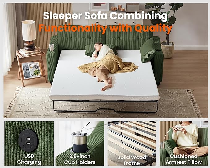 Pull Out Sofa Bed, Full Size Sleeper Sofa, 2-in-1 Convertible Corduroy Couch with USB Charging, Memory Form Couch for Living Room, Apartment and Small Space (Green, Corduroy - Queen Size)