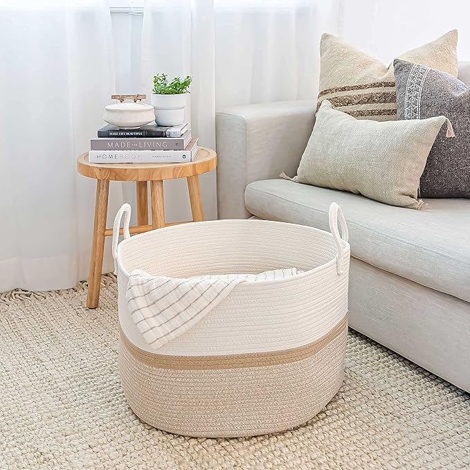 OrganiHaus Boho Woven Basket for Blankets and Laundry, Decorative Large Storage Bin for Living Room, Nursery Basket for Toys & Clothes, Soft Cotton Rope with Handles 20x13 inches - Striped Honey