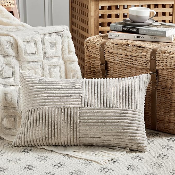 Fancy Homi 2 Packs Neutral Taupe Lumbar Decorative Throw Pillow Covers 14x24 Inch for Living Room Couch Bed Sofa, Farmhouse Home Decor, Soft Striped Corduroy Rectangle Accent Cushion Case 35x60 cm
