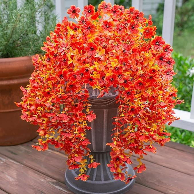 INSPRING Fall Artificial Flowers for Outdoors Fake Silk Flower, 2Pcs Red Orange Daisy Autumn Decor, Realistic Hanging Decoration Plants, UV & Fading Resistant for Porch Patio Balcony Planter