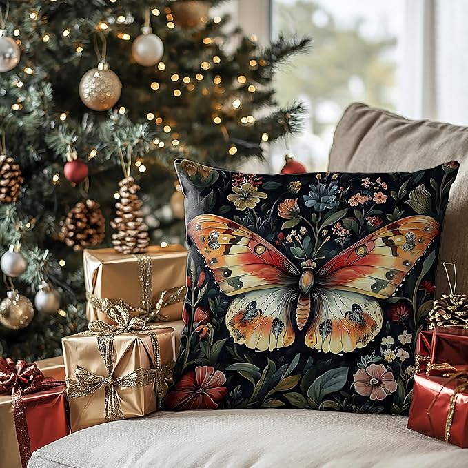Colorful Floral Butterfly Pillow Covers 18x18, Retro Dark Cottagecore Wildflower Botanical Moth Decorative Throw Pillow Covers for Bedroom Living Room Home, Butterfly Room Decor