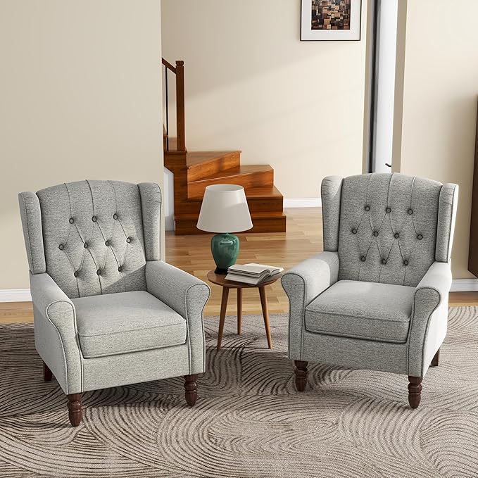 UIXE High Back Accent Chairs Set of 2, Upholstered Armchair in Fabric, Retro Wingback Arm Chair for Living Room, Comfy Single Sofa Bedroom Reading Seat with Solid Wood Legs - Light Gray