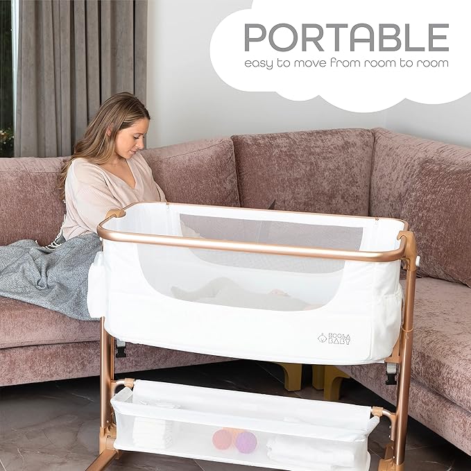 KoolerThings Baby Bassinet, Bedside Sleeper for Baby, Easy Folding Portable Crib with Storage Basket for Newborn, Bedside Bassinet, Comfy Mattress/Travel Bag Included (Bassinet) (White & Gold)