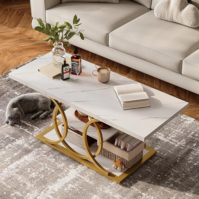 GiftGo Rustic Coffee Table with Storage Modern 3 Tier Center Living Room Table Faux Marble Wooden Rectangle Cocktail Tea Table for Office Bedroom Elegant Full Moon Design (White Gold, L-47)