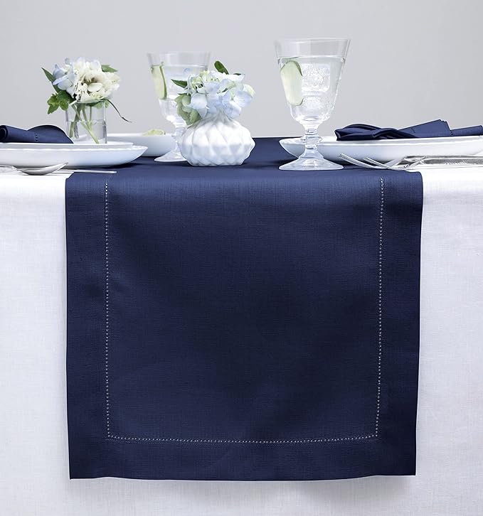 Solino Home Linen Navy Table Runner 60 Inches - Classic Hemstitch, 100% Pure Linen Coffee Table Runner 14 x 60 Inch Ideal for Dresser Tables - Fall, Autumn, Halloween, Thanksgiving
