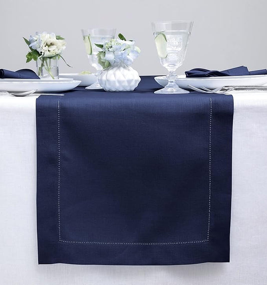 Solino Home Linen Navy Table Runner 120 Inches Long - 100% Pure Linen Hemstitch 14 x 120 Inch Table Runner for Dining, Fall, Autumn, Thanksgiving - Classic Hemstitch