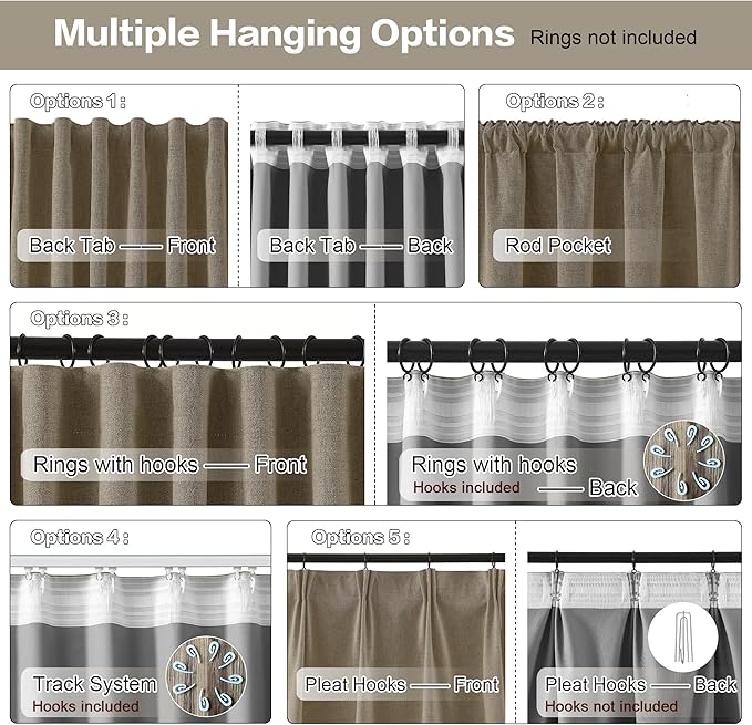 70 Inch Wide Blackout Curtains 2 Panels Set,Back Tab Pleated Curtains Hidden Tab with Hooks,Energy Efficinet Linen Blend Patio Drapes for Dining Room Sliding Glass Door 70x96 Length Linen Brown