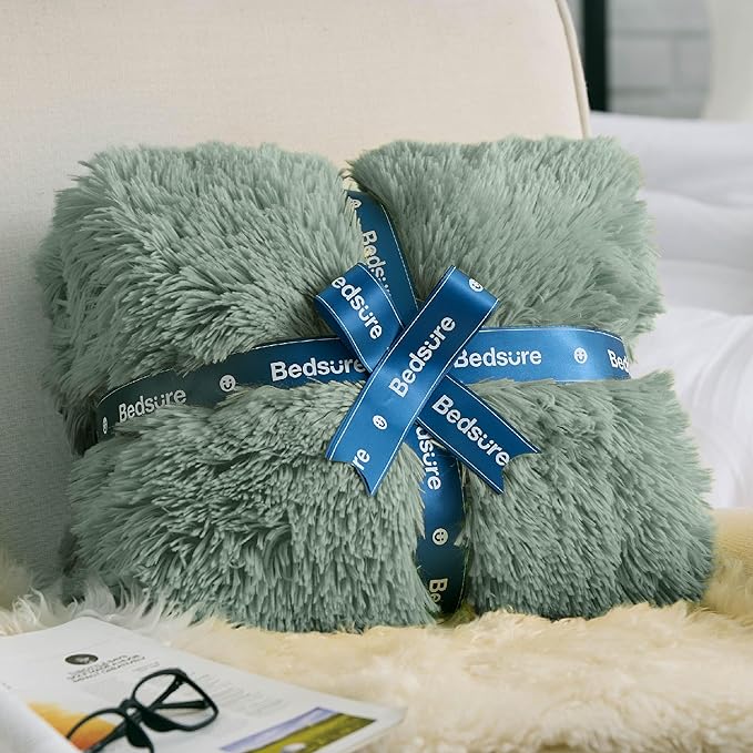 Bedsure GentleSoft Fluffy Sage Green Throw Blanket, Sage Green Decor for Room, Soft Cozy Fuzzy Plush Minky Thick Warm Sherpa Fleece Faux Fur Throw Blanket for Couch, Decorative Spring Gifts, 50x60