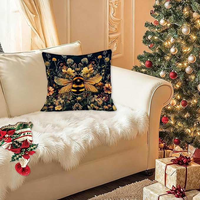 Vintage Moody Floral Bumblebee Pillow Covers 18x18, Moody Dark Cottagecore Botanical Wildflower Bee Decorative Throw Pillow Covers for Home Bedroom Living Room, Bee Decorations for Home