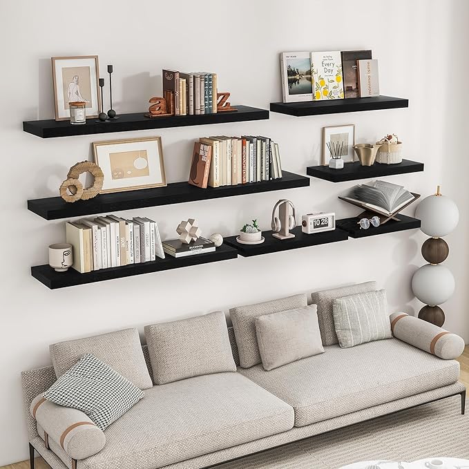 RICHFOCUS 72Inch Floating Shelves for Wall 1 Pack Shelves for Bedroom|Kitchen|Bathroom Wall Mounted Rustic Wood Floating Shelf with Invisible Brackets for Books|Storage|Decor, Black