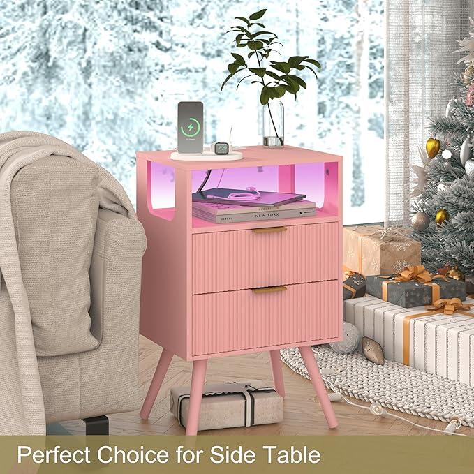Pink Nightstand with Charging Station and LED Lights,Modern Bedside Table with 2 Storage Drawer and Open Wood Shelf, for Bedroom and Small Spaces,Night Stand with Solid Wood Legs,Pink