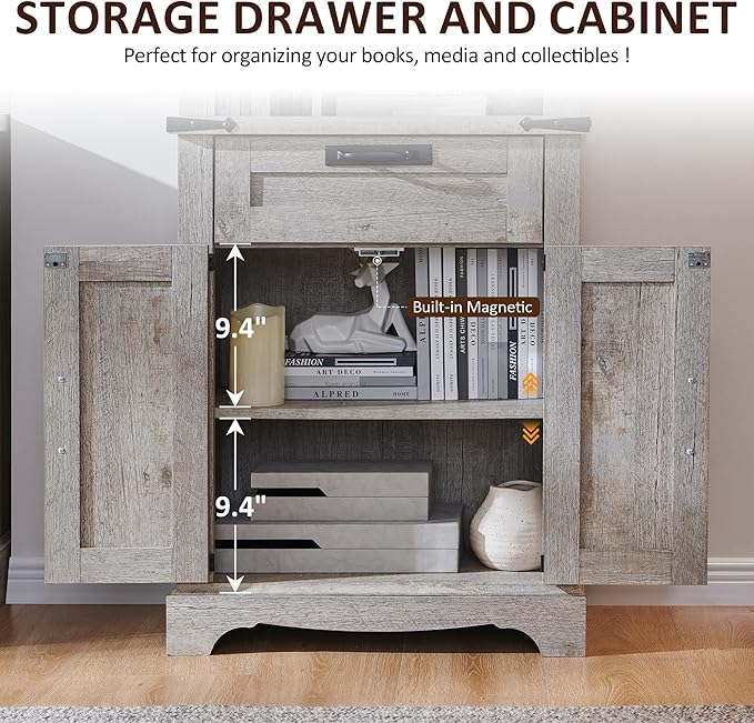 OKD 72'' Tall Bookshelf with Storage, Farmhouse 4 Tier Bookcase w/Barn Door, Adjustable Shelves and Drawers, Rustic Wooden Office Bookshelves for Home Bedroom, Living Room, Library (Light Rustic Oak)