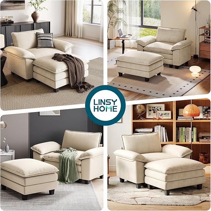 LINSY HOME Sofa Chair with Movable Ottoman - Corduroy Cloud Couch Chair Soft Comfy Modern Sofa Chaise Single Sleeper Chair Bed for Living Room Apartment Office, Beige