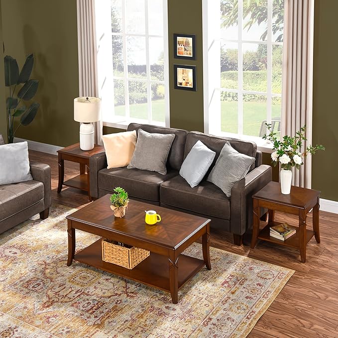 Solid Wood End Table with Storage Shelf, Vintage Rectangle Sofa Side Table with Splicing Tabletop and Carved Leg, BesideTelephone Table Cherry Brown,19.7 * 17.7 * 19.7in CJZ-DR200