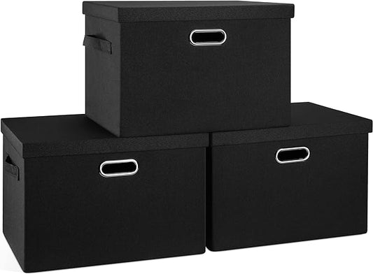 Large 17" 36 Quart Collapsible Stackable Storage Bins with Lids, 3 Packs Black Linen Fabric Closet Boxes with Lids, Storage Cube Baskets Container Organizers for Bedroom Office(17 x12 x11)