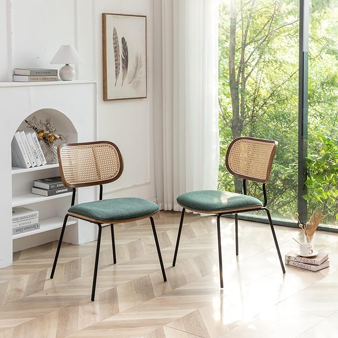 Rattan Dining Chairs Set of 2, Mid Century Modern Dining Chairs with Cane Back for Kitchen Dining Room, 19 Inch Fabric Green