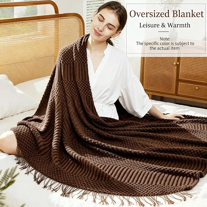 Blagic Knitted Throw Blanket for Couch and Bed, Soft & Cozy Knit Blanket with Tassel, Brown Lightweight Decorative Blankets & Throws, Farmhouse Warm Woven Blanket for All Seasons,50" W x 60" L