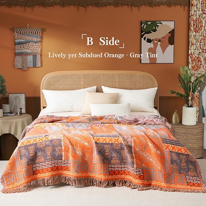 Boho Throw Blanket Twin Size, Soft Cozy Cotton Muslin Quilt Blanket for Bed Decor, Patchwork Block Couch Sofa Chair Cover, Vintage Farmhouse Cottage Tapestry Woven Blanket, Red&Orange