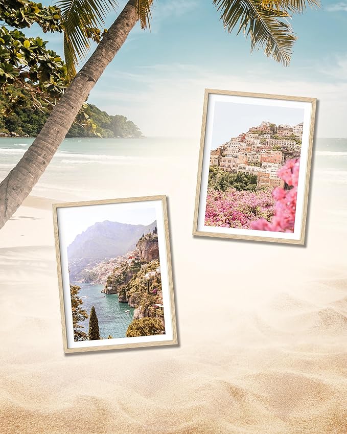 HesenDot Natural OAK Wood Framed Italy Coastal Wall Art,12x16in Amalfi Coast Canvas Wall Print,Positano Seascape Boho Poster Wall Decor for Living Room,Bedroom,Office Gallery Set of 1