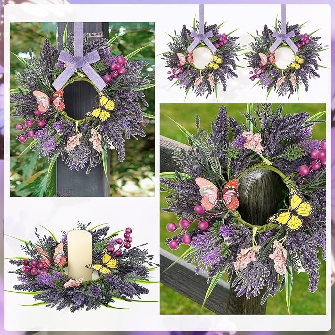 6 Pcs Lavender Wreaths for Front Door Mini Artificial Floral Kitchen Cabinet Swags Spring Summer Candle Rings Wreath with Lavender Berries Butterflies for Year-Round Use Farmhouse Home Decorations
