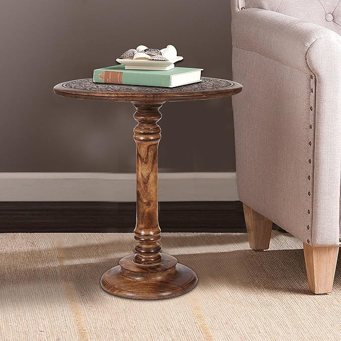 Lightnpro Hand Carved Solid Mango Wood Round Pillar Accent Table - 18" × 22" Rustic Farmhouse Side End Table | VintageRustic Boho Nightstand for Living Room, Bedroom & Entryway