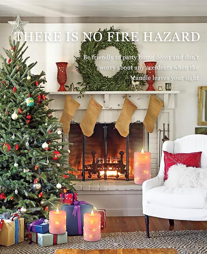 Pink Flameless Candles with String Lights Battery Operated Flickering LED Pillar Candles 4‘’ 5‘’ 6‘’ Candle with Remote Control, Set of 3