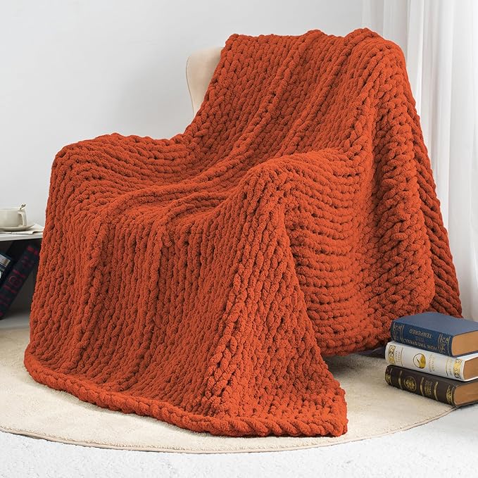 Chunky Knit Throw Blanket 60"X 80", 100% Handmade with Soft Chenille Yarn, 4.4lbs Thick Cable Knitted Blankets, Large Rope Knot Crochet Throws for Couch Sofa Bed Home Decor, Rust