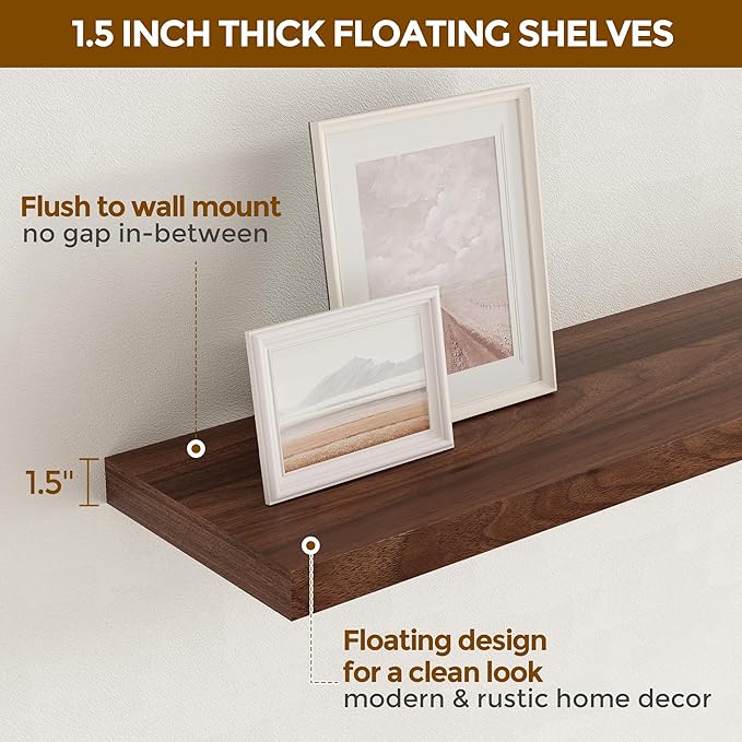 Fun Memories Rustic Wood Floating Shelves for Wall, 36 x 9 Wall Shelves Set of 2, Deep Floating Shelf for Kitchen, Living Room Storage & Display, Deep Wooden Bookshelf, Walnut Color