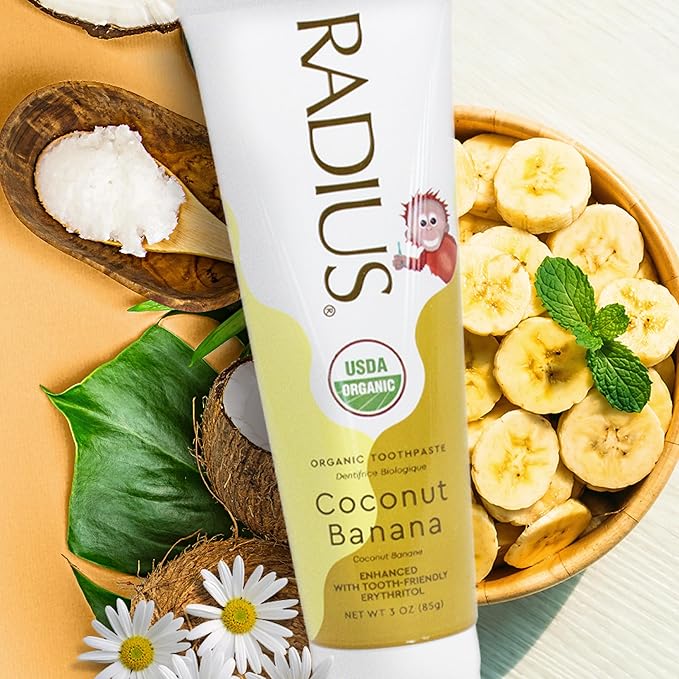 RADIUS USDA Organic Kids Toothpaste 3oz Non Toxic Chemical-Free Gluten-Free Designed to Improve Gum Health for Children's 6 Months and Up - Coconut Banana - Pack of 6