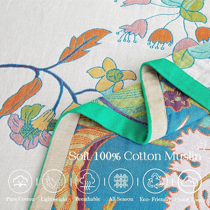 Summer Throw Blanket, 60"x80" Reversible Bohemian Flower Blanket, 100% Cotton Muslin Breathable Woven, Farmhouse Decorative Throw Blanket