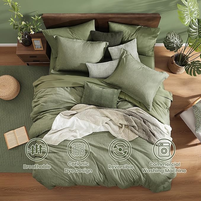 Monbix Queen Comforter Set - 7 Pieces Cationic Dyeing Sage Green Bed in a Bag Queen Bedding Sets with Comforter, Sheets, Pillowcases & Shams, Reversible Bedding Comforters Sets