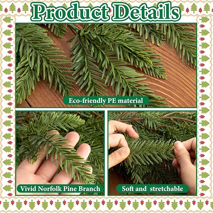 Watayo 2 Pcs Christmas Norfolk Pine Garland, 6 Ft 3 Fork Dense Real Touch Pine Garland Ornament, Realistic Artificial Pines Greenery Garlands for Christmas Holiday Mantle Fireplace Table Home Decor