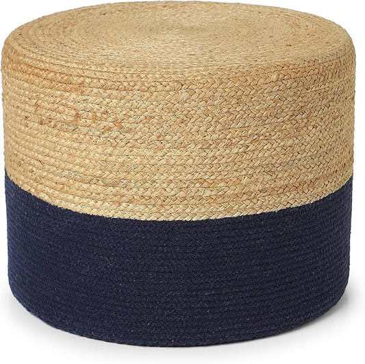 REDEARTH · Cylindrical Pouf Foot Stool Ottoman - Jute Braided Pouffe Poof Accent Sitting Footrest for Living Room, Bedroom, Nursery, Patio, Lounge & Other Rooms (Navy Natural, 18"x18"x14")