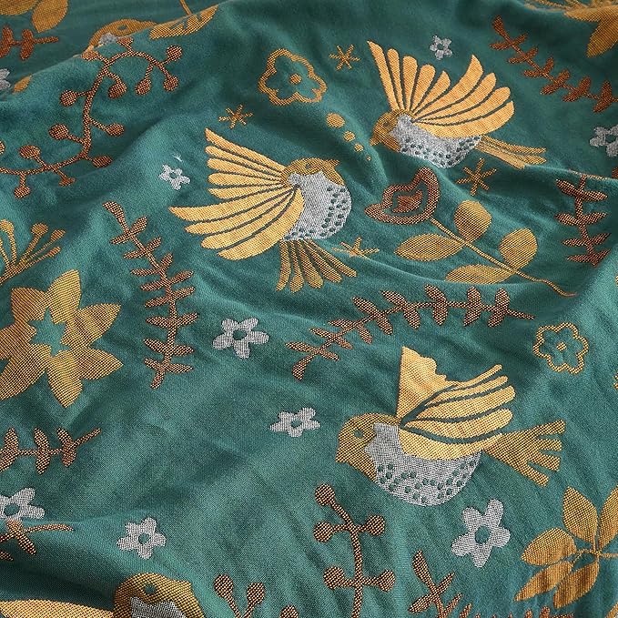 Boho Throw Blanket for Bed 90”x98”, 100% Cotton Woven Blanket for Couch Sofa, Ultra Soft 4-Layer Muslin Quilt with Bird Floral Printed, Farmhouse Bed Blanket/Cover for Living Room Decor
