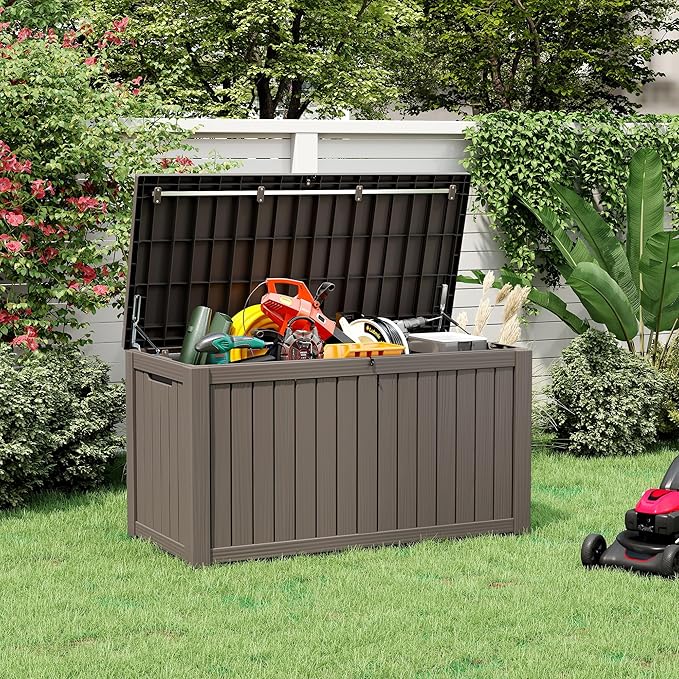 KAMABOKO Outdoor Storage Box, 150 Gallon Large Outdoor Resin Deck Box, Storage Waterproof Boxes Lockable Lid for Garden Tools, Pool Supplies, Patio Furniture and Cushions, Grey