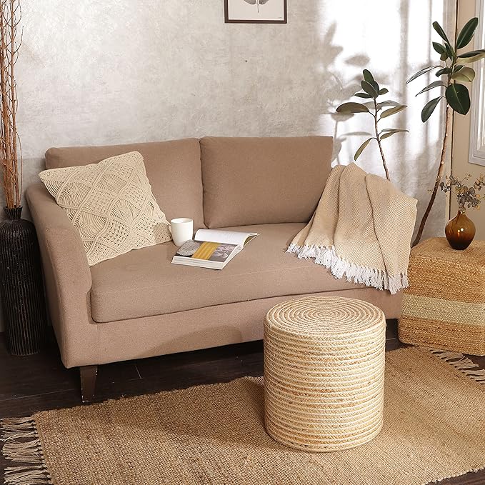 REDEARTH · Cylindrical Pouf Foot Stool Ottoman - Jute Braided Pouffe Poof Sitting Footrest for The Living Room, Bedroom, Nursery, Patio, Lounge & Other Rooms in Home (14.5”x14.5”x16”; Natural Ivory)
