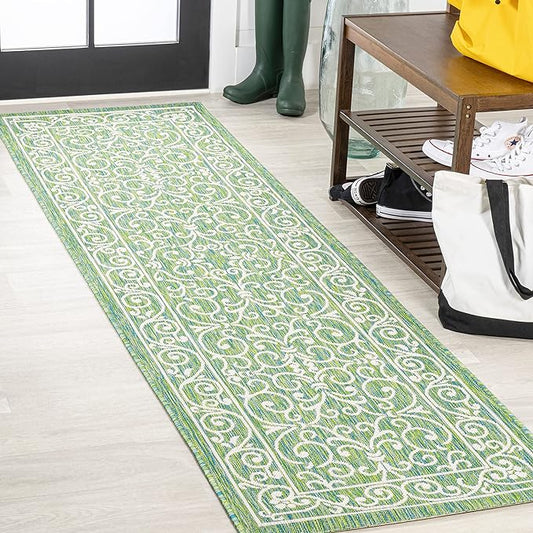 JONATHAN Y Vintage Filigree Indoor Outdoor Runner Rug 2X8 Green/Ivory, Charleston Textured Weave for Backyard, Patio, Porch, Easy-Cleaning, High Traffic, Pet-Friendly, Non-Shedding (SMB106K-28)