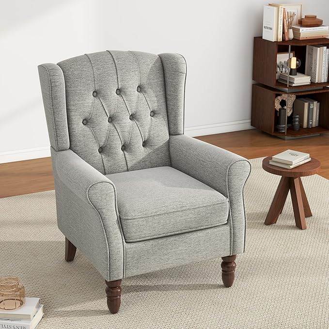 UIXE High Back Accent Chair, Upholstered Armchair in Fabric, Retro Wingback Arm Chair for Living Room, Comfy Single Sofa Bedroom Reading Seat with Solid Wood Legs - Light Gray