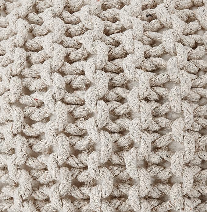 REDEARTH Round Pouf Ottoman - Cable Knitted Boho Poof - Home Décor Cord Pouffe Handmade Circular Footrest for Living Room - Bedroom - Kids Bedroom - 100% Cotton Pouf (18" x 18" x 14") - Ivory