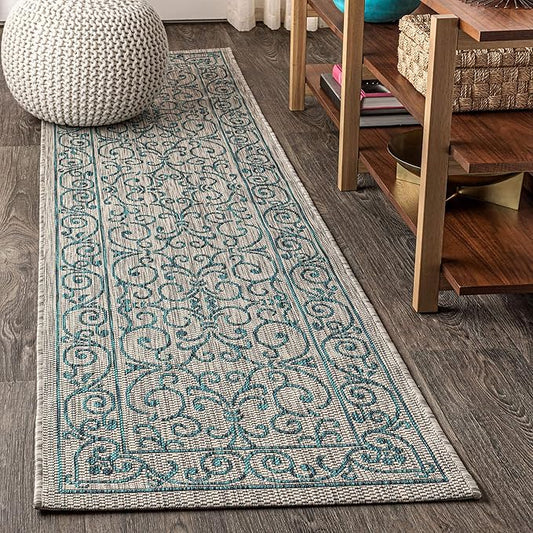 JONATHAN Y Vintage Filigree Indoor Outdoor Runner Rug 2X8 Gray/Teal, Charleston Textured Weave for Backyard, Patio, Porch, Easy-Cleaning, High Traffic, Pet-Friendly, Non-Shedding (SMB106E-28)