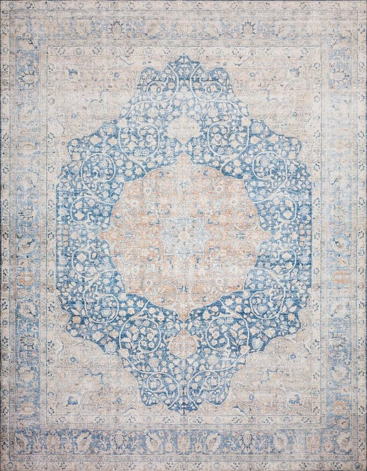 Loloi Layla Collection LAY-07 Blue/Tangerine 2'-3" x 3'-9" .13" Thick Accent Rug, Soft, Durable, Vintage Inspired, Distressed, Low Pile, Non-Shedding, Easy Clean, Printed, Living Room Rug