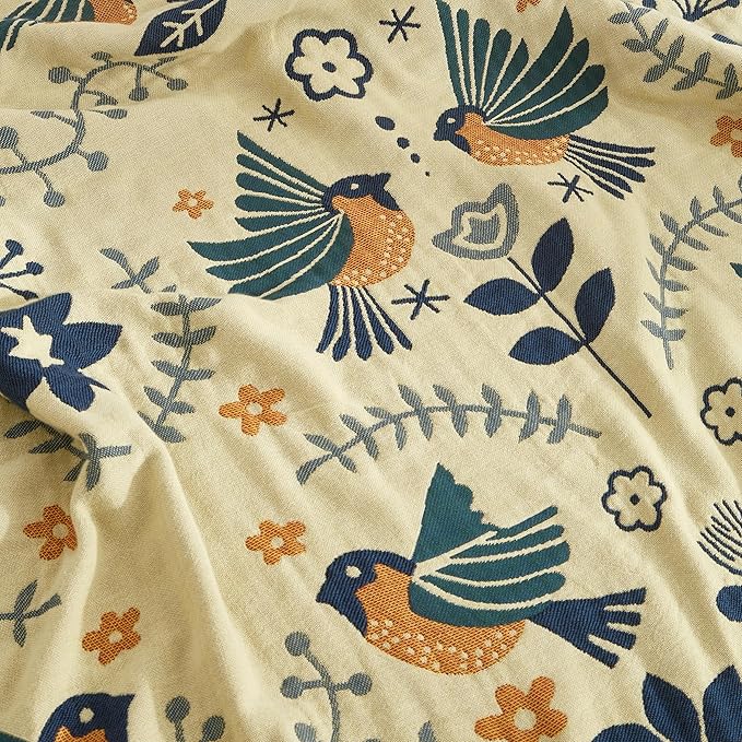 Boho Throw Blanket for Bed 90”x98”, 100% Cotton Woven Blanket for Couch Sofa, Ultra Soft 4-Layer Muslin Quilt with Bird Floral Printed, Farmhouse Bed Blanket/Cover for Living Room Decor