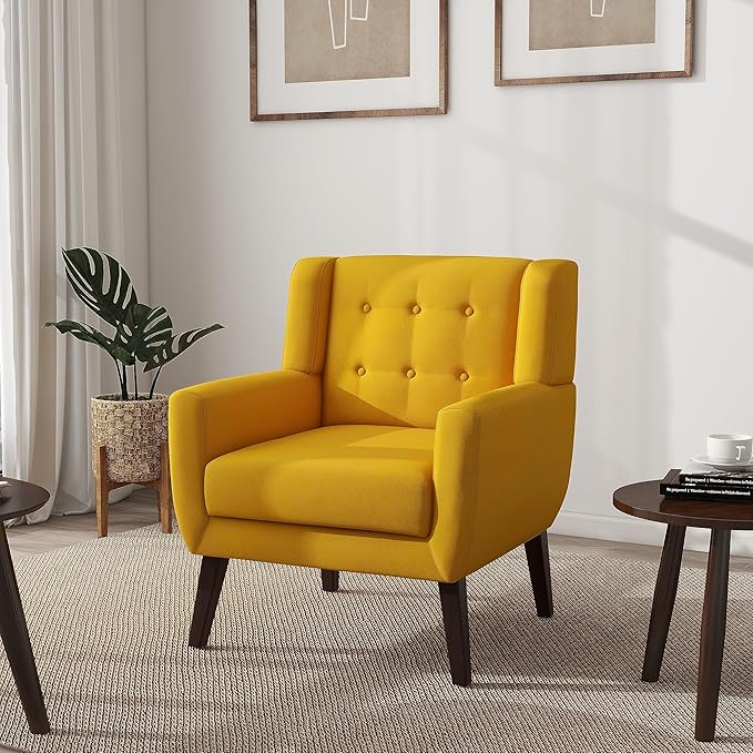 UIXE Accent Chair, Modern Upholstered Armchair in Fabric for Living Room, Comfy Club Arm Chairs Single Sofa Button Tufted Bedroom Reading Seat - Yellow, Set of 1