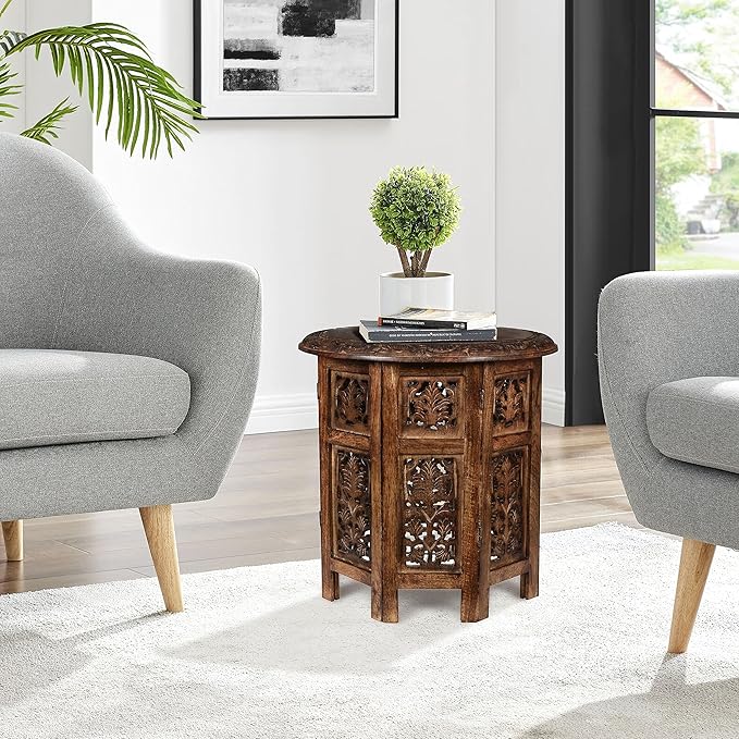 Lightnpro Handcrafted Wooden Round Accent Table - Vintage Farmhouse Octagonal Side End Table with Intricate Carvings for Living Room, Bedroom, Entryway - 18x18 Inch - Burnt